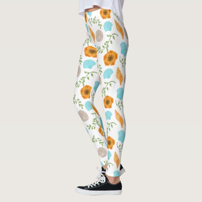 Blue Seashells Sea Snail Orange Flower Leggings (Vänster)