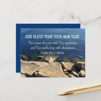 Blue Seashore God Bless New Year 2026 Bible Verse Vykort