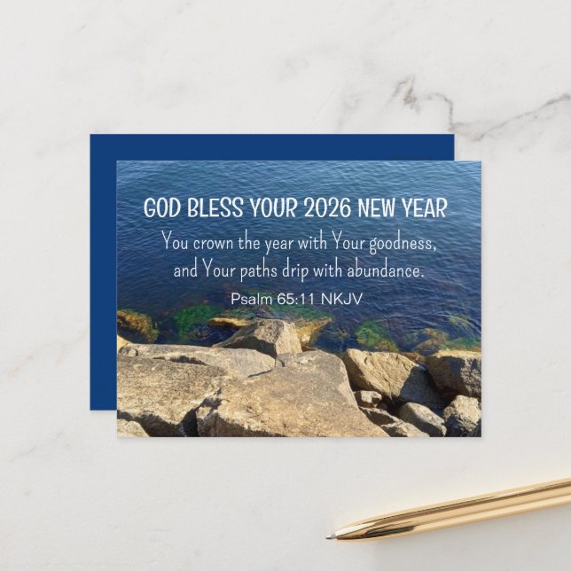 Blue Seashore God Bless New Year 2026 Bible Verse Vykort (Fram/Back In Situ)