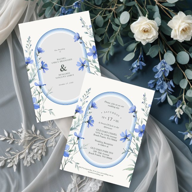 Blue Shades Cherish Botanical Wildflowers Branches Inbjudningar (Delicate Blue Shades Cherish Botanical Wildflowers Branches Wedding Invitations. )