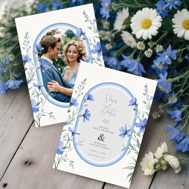 Blue Shades Cherish Botanical Wildflowers Branches Spara Datumet (Announce your wedding with elegance and style using our Delicate Blue Shades Cherish Botanical.)