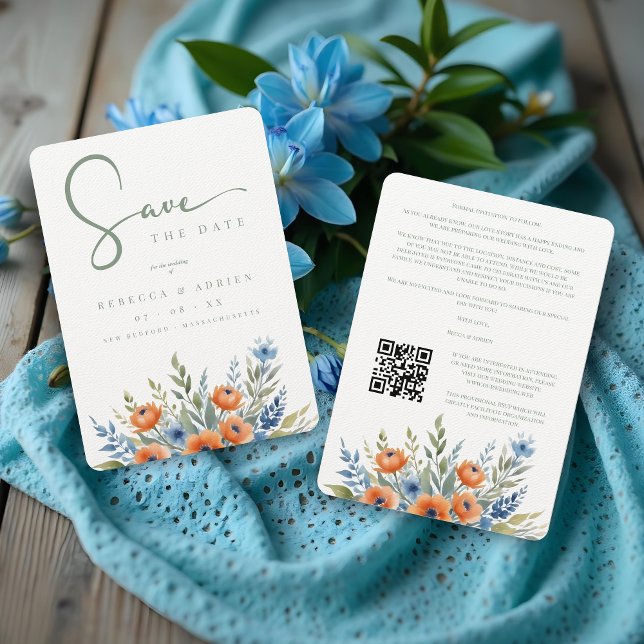 Blue Shades Delicate Floral Bouquet Border Wedding Spara Datumet (Blue Shades Delicate Floral Bouquet Border Wedding Save the Date Cards with QR Code)
