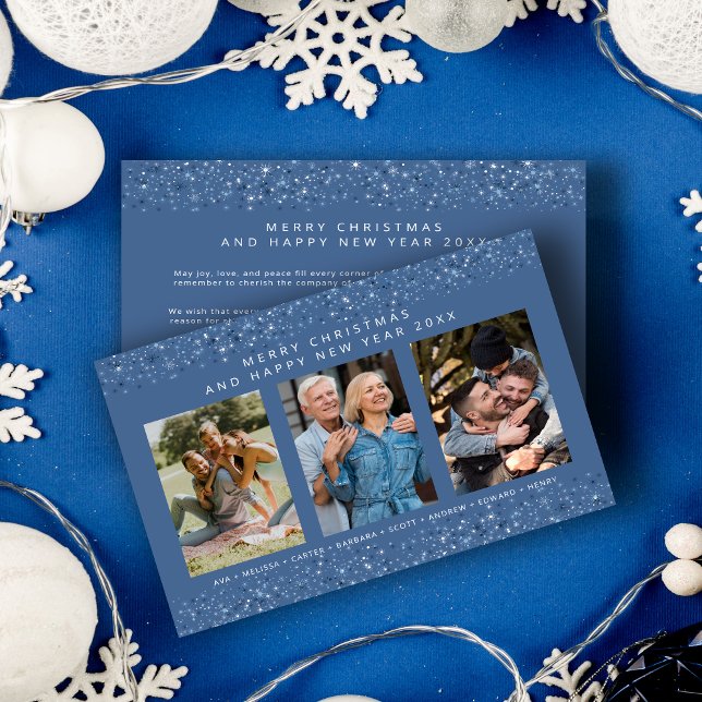 Blue Shades Snowflakes Christmas Stylish Collage Julkort (Blue Shades Snowflakes Christmas Stylish Collage 3 Photos Family Holiday Card with Envelope. )