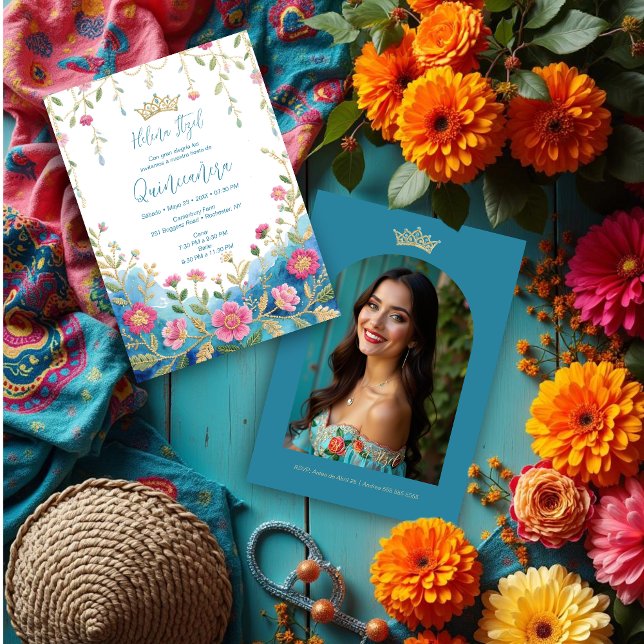 Blue Shades Spanish Mexican XVs Floral Border Inbjudningar (Colorful Blue Shades Spanish Mexican Inspired Floral Border Embroidery Style Quinceañera Invitation )