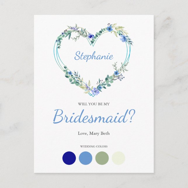 Blue Shades Wreath Heart for Bridesmaids Proposal Inbjudan Vykort (Framsida)