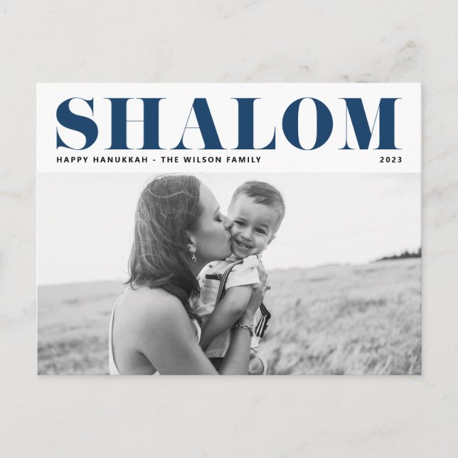 Blue Shalom Bold Typography Hanukkah Photo Helg Vykort (Framsida)