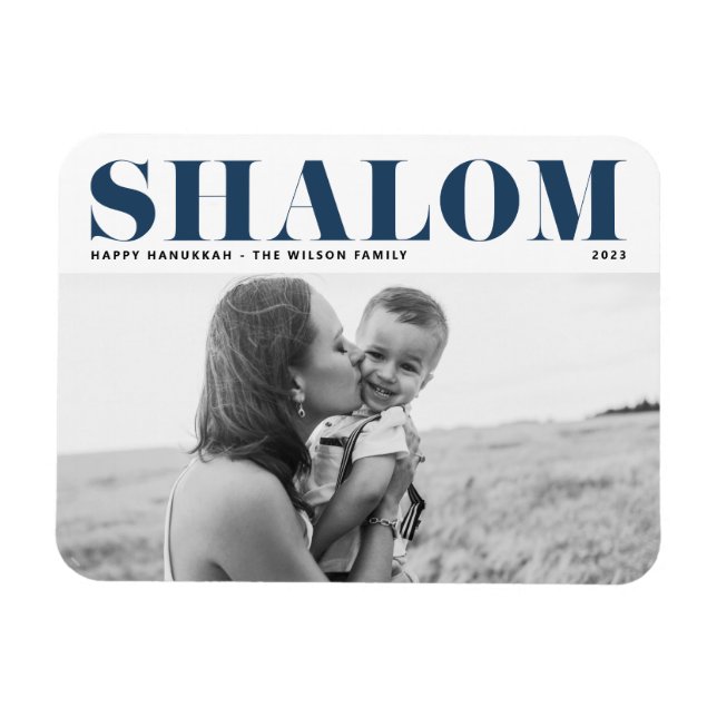 Blue Shalom Bold Typography Lycklig Hanukkah Photo Magnet (Horisontell)