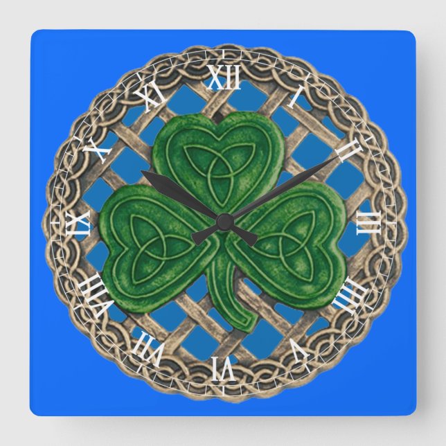 Blue Shamrock & Celtic Knots Roman Numeral Clock Fyrkantig Klocka (Framsida)