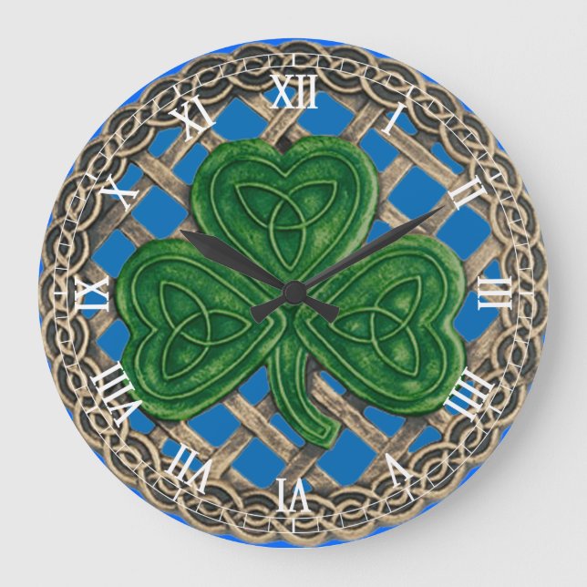 Blue Shamrock & Celtic Knots Roman Numeral Clock Stor Klocka (Framsida)