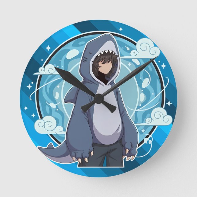 Blue Shark Boy Anime Art Rund Klocka (Framsida)