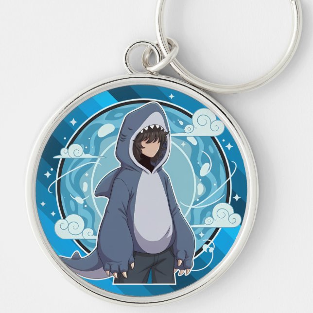 Blue Shark Boy Anime Art Rund Silverfärgad Nyckelring (Framsidan)