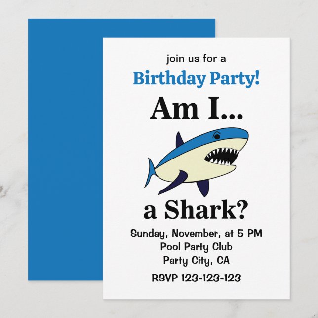 Blue Shark Funny Birthday Party Inbjudningar (Fram/baksida)