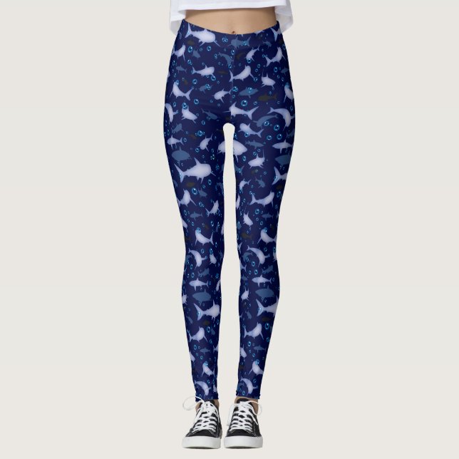 Blue Shark Silhouette Mönster Leggings (Framsida)