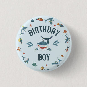 Blue Shark Thated Birthday Boy Button Knapp