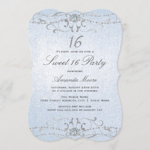 Blue Shimmer Diamond Damask Sweet 16-inbjudan Inbjudningar
