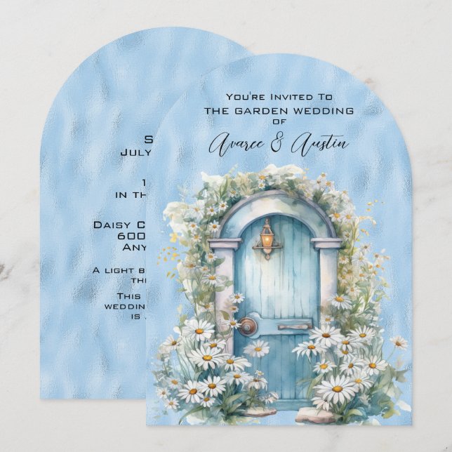 Blue Shimmer Garden Door Daisy Inbjudningar (Fram/baksida)
