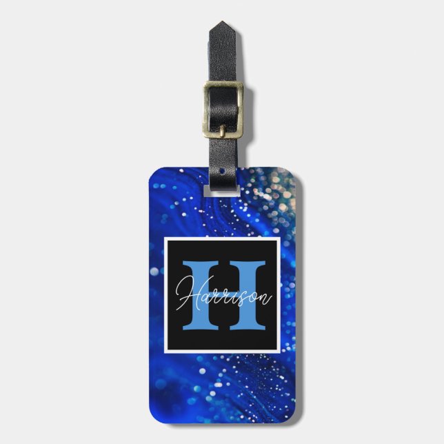 Blue Shimmer Name & Monogram  Bagagebricka (Vertikal Framsida)