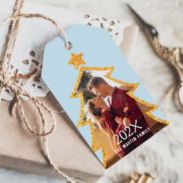 Blue Shiny Christmas Tree Personalized Photo Presentetikett