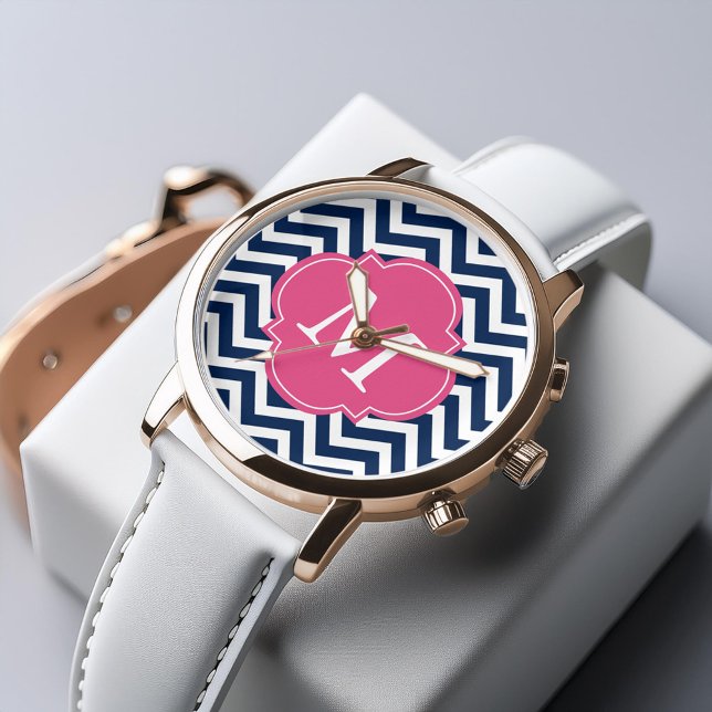 Blue & Shock rosa Zigzags Mönster Monogram Armbandsur (Skapare uppladdad)