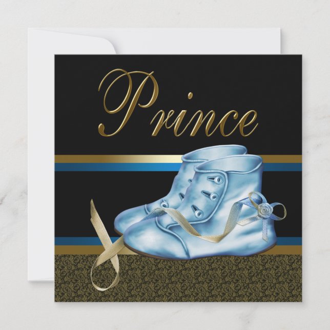 Blue Shoes Black Guld Prince Baby Shower Inbjudningar (Framsida)