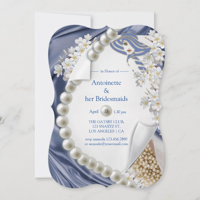 Blue Silke & Ivory Pearls Brudens sida Inbjudningar (Framsida)