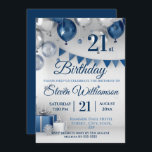 Blue Silver 21:a födelsedagen Inbjudningar<br><div class="desc">En snyggt för en 21:a födelsedagsbjudan. Blåblå och silver-ballonger och pennans med blå text. All text kan ändras efter behov</div>