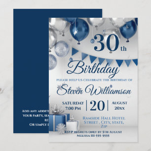 Blue Silver 30års födelsedag Inbjudningar