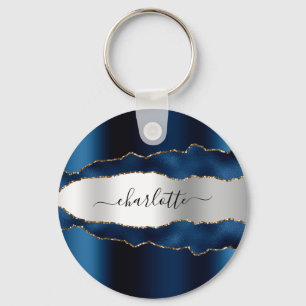 Blue silver agate marble namn-skript nyckelring