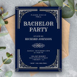 Blue Silver Art Deco Bachelor Party Inbjudningar<br><div class="desc">Inbjudan dina gäster med den här vintagen, Underbara temat Gatsby, inbjudan till kandidat-fest med silver dekorativa gräns med elegant typografi mot blå bakgrund. Lägg bara till din händelseinformation i den här mallen som är enkel att använda för att göra den till en inbjudan av typen en. Vänd kortet över för...</div>