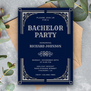 Blue Silver Art Deco Bachelor Party Inbjudningar