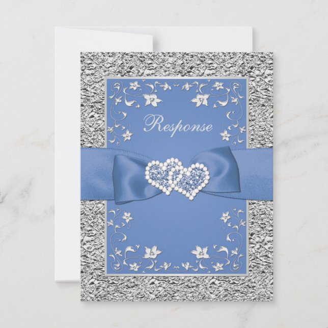 Blue Silver Blommigt Hearts FAUX Foil Bröllop OSA Kort (Framsida)