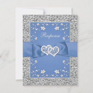 Blue Silver Blommigt Hearts FAUX Foil Bröllop OSA Kort