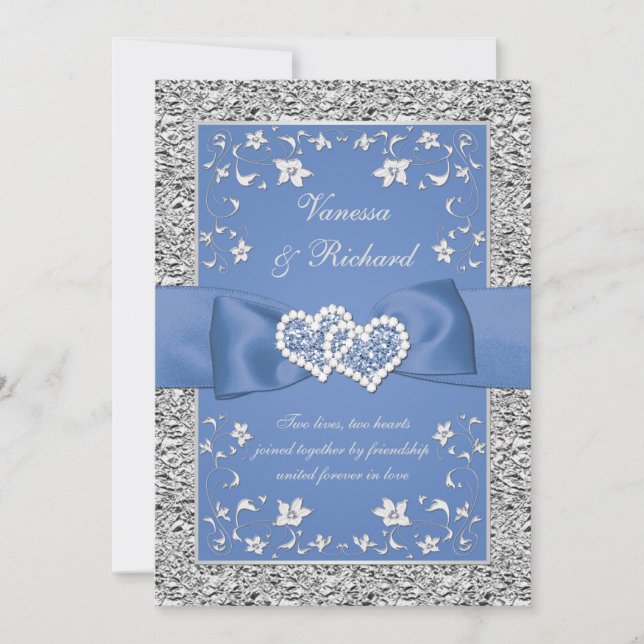 Blue Silver Blommigt Hearts FAUX Foil bröllopsinbj Inbjudningar (Framsida)