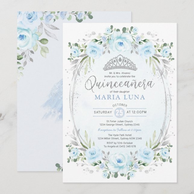 Blue Silver Blommigt Krona Princess Quinceañera Inbjudningar (Fram/baksida)