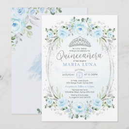Blue Silver Blommigt Krona Princess Quinceañera Inbjudningar