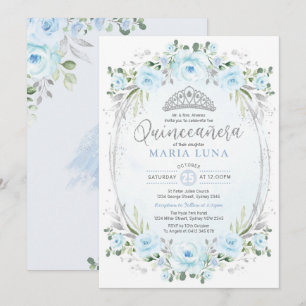 Blue Silver Blommigt Krona Princess Quinceañera Inbjudningar