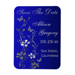 Blue, Silver Butterfly Blommigt Spara Date Magnet