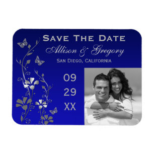 Blue, Silver Butterfly Blommigt Spara Date Magnet