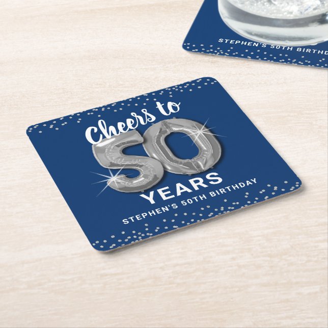 Blue Silver Cheers to 50 Years Birthday Underlägg Papper Kvadrat (Vinklad)
