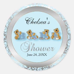 Blue & Silver Damask Teddy Bears Babyskor Runt Klistermärke