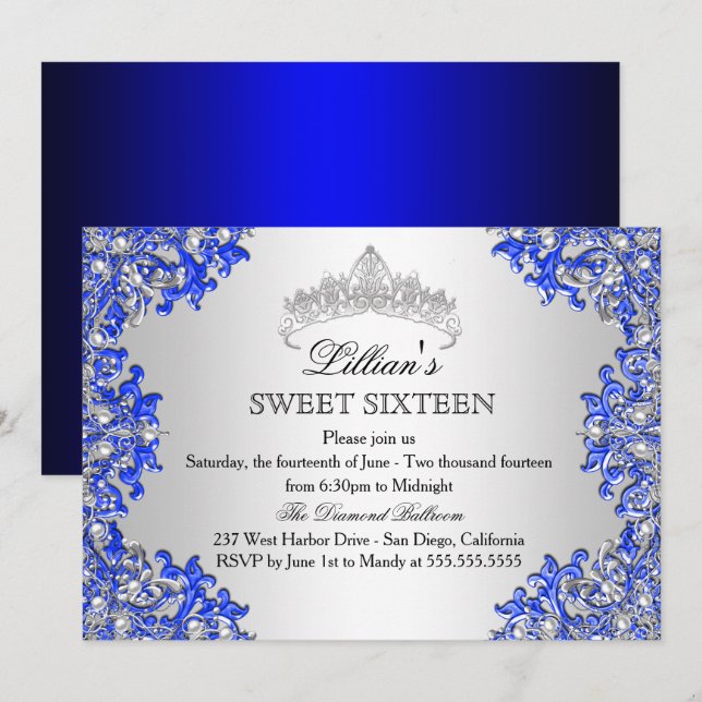 Blue Silver Damask Tiara Sweet 16-inbjudan Inbjudningar (Fram/baksida)
