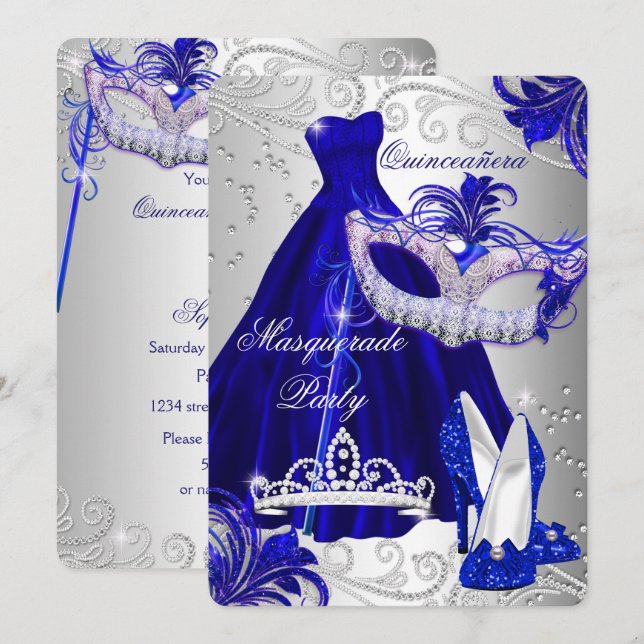 Blue & Silver Dress maskerad Quinceanera Inbjudan (Fram/baksida)