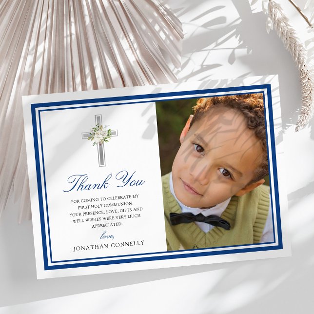 Blue Silver First Heliga Communion Photo Tack Kort (Skapare uppladdad)