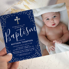 Blue Silver Glitter Boy Baptism Photo Inbjudningar