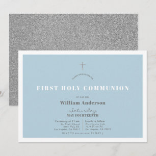 Blue Silver Glitter Boy First Heliga Communion Inbjudningar
