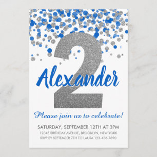 Blue Silver Glitter Confetti Boy, andra födeldagen Inbjudningar