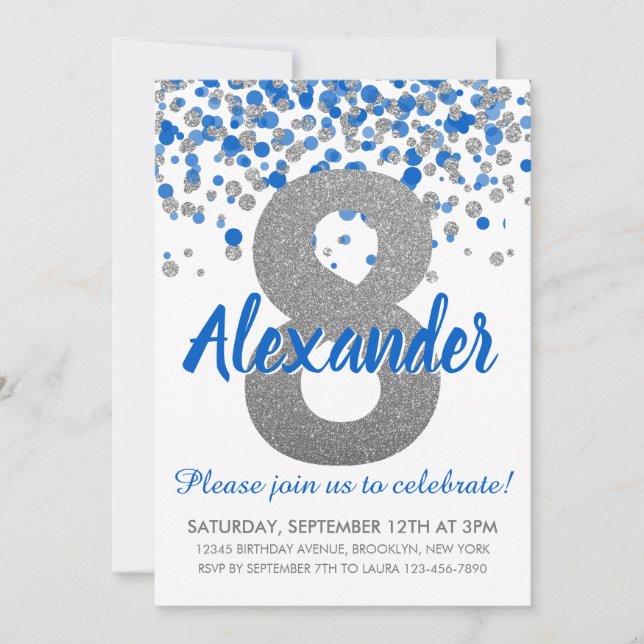 Blue Silver Glitter Confetti Boy Eighth Birthday Inbjudningar (Framsida)