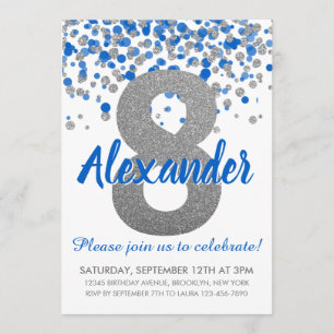 Blue Silver Glitter Confetti Boy Eighth Birthday Inbjudningar