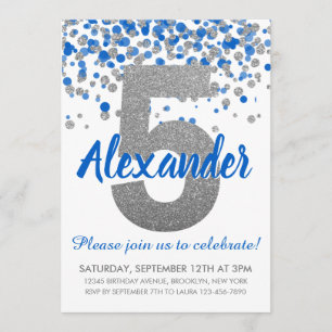 Blue Silver Glitter Confetti Boy Femte födeldagen Inbjudningar