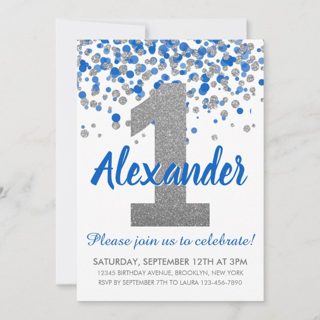 Blue Silver Glitter Confetti Boy First Birthday Inbjudningar (Framsida)